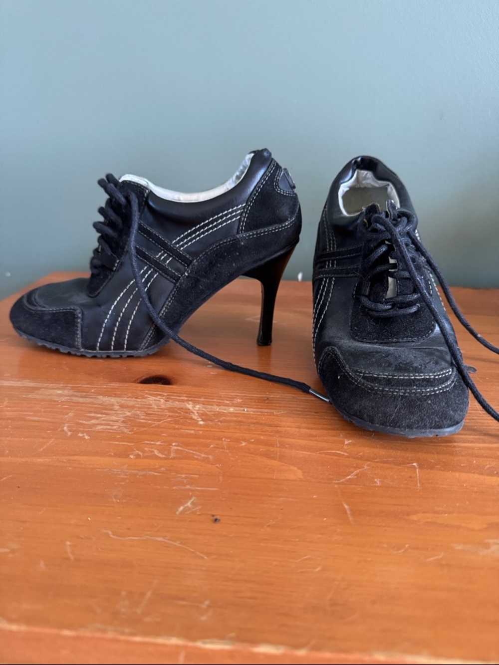 Black Suede Lace-Up High-Heel Sneakers